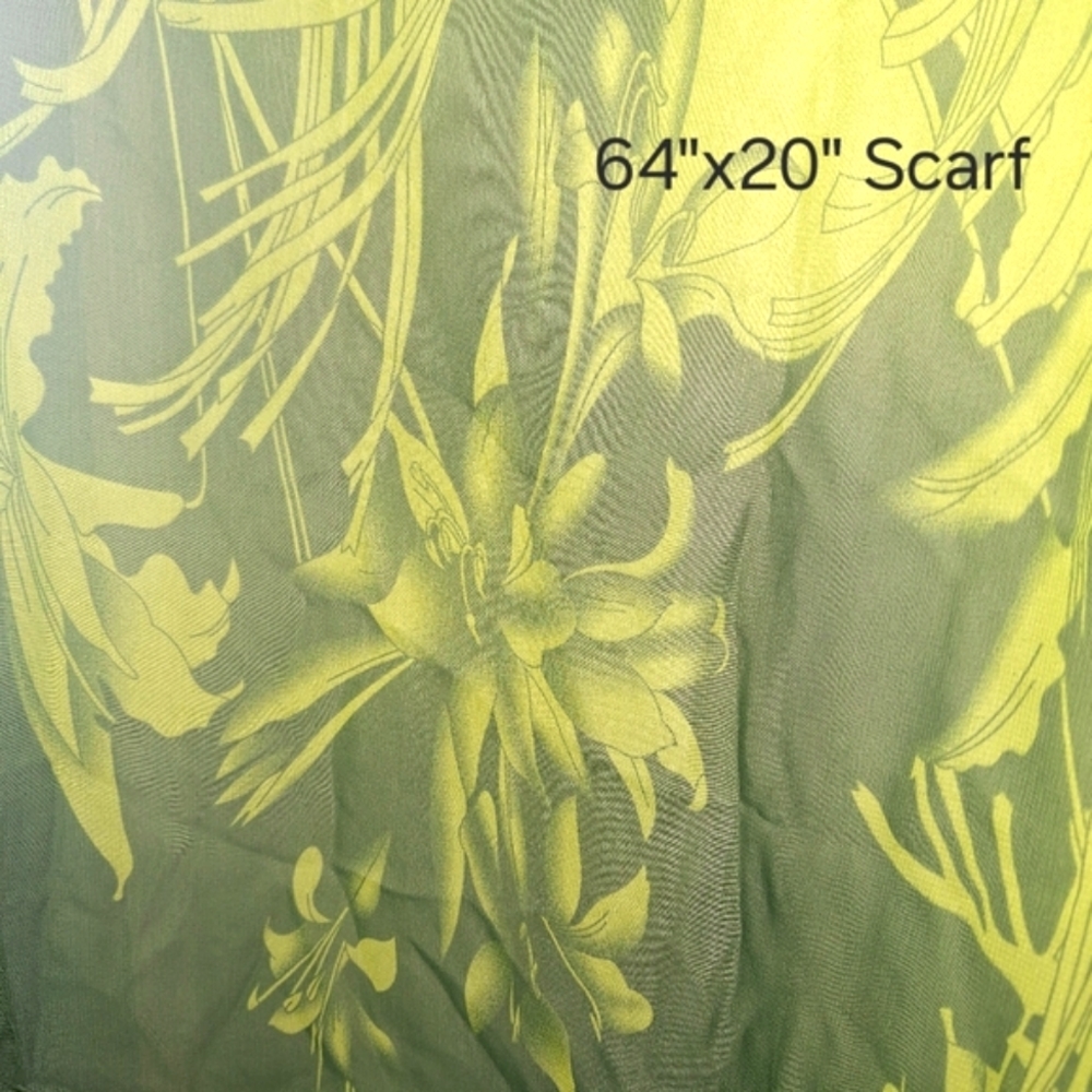 60" Silky Scarf Long Green Tropical Print Orchid or Home Decor Table Runner EUC♡